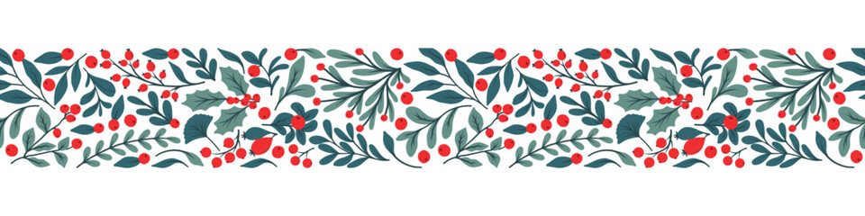 Christmas seamless floral frame with winter holly berries. Winter festive print all around. Illustration of festive gift wrapping paper. Seamless vector pattern. © Tetiana Komarytska