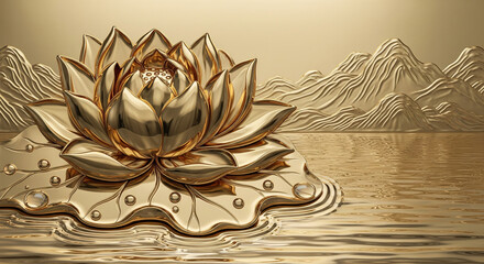 Golden Lotus Floating in Serene Pool - 3D Relief Sculpture. 3D relief wallpaper with Majestic 3D Wall Mural. floral landscapes. 3d floral art, floral wallpaper, Luxurious textile tile wall art