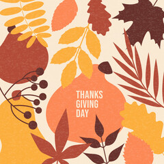 Thanksgiving day poster template. Autumn holiday card, invitation, flyer, cover, banner, placard, brochure in flat style. Leaves and pumpkin with texture effect. Vector illustration