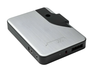 Sleek silver and black portable audio device with multiple ports and features.