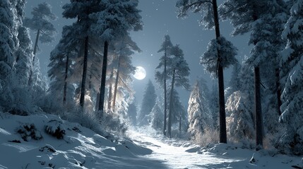 A winter forest snowy path moonlight pine tree night sky frost serene cold wilderness tranquil winter landscape bathed moonlight, snowy path through pine tree forest, frost glitters night sky