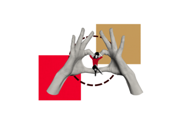 Sketch design trend artwork poster 3D photo collage of sign body language showing hand gesture heart shape young woman sit posing