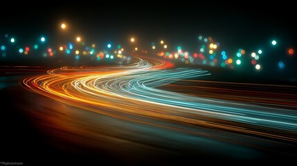 A light trail night city long exposure traffic highway motion blur neon bokeh curve road urban