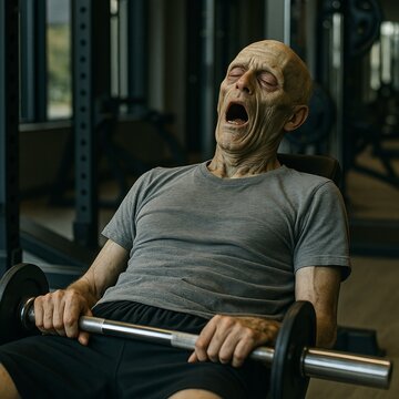 Tired zombie resting on gym bench with barbell &mdash; funny horror fitness