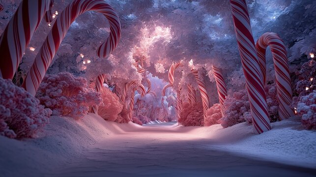 A candy cane forest winter wonderland snowy path peppermint stripe pink trees festive lights holiday magic frosty scene whimsical tunnel dreamy glow. enchanting serene joyful christmas cheer