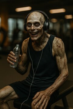 Zombie listening to music and drinking water in gym &mdash; Halloween fitness humor