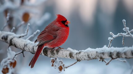 A cardinal red bird winter snow frosty branch wildlife nature cold perch feather songbird forest morning light frost ice closeup profile outdoor seasonal tranquil serene habitat birdwatching plume