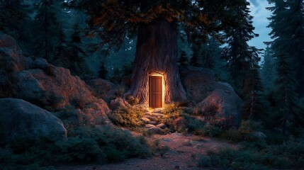 An enchanted forest ancient tree hidden door warm light mossy rocks twilight fantasy scene woodland path mysterious entrance glowing doorway. enchanted forest doorway glows twilight, set ancient tree