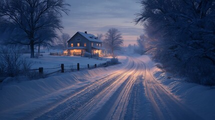A snowy road winter landscape country house warm light twilight sky frosty trees rural scene cozy home holiday season serene mood illuminated farmhouse along snowy country road twilight sky