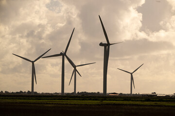 &eacute;olienne, coucher de soleil, region Pays de Loire; marais Breton; 85, Vend&eacute;e, Loire Atlantique, France