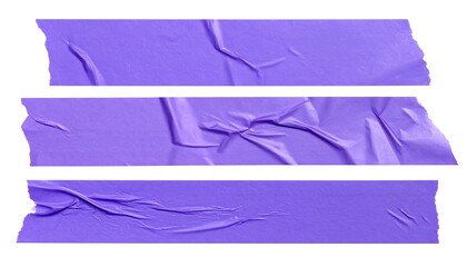 Three horizontal strips of wrinkled, semi-transparent purple tape isolated against a white background