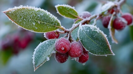 A frosted berry branch winter morning red berry green leaf ice crystals cold weather natural texture macro nature seasonal plant holiday mood. frosted berries sparkle chilly dawn branch
