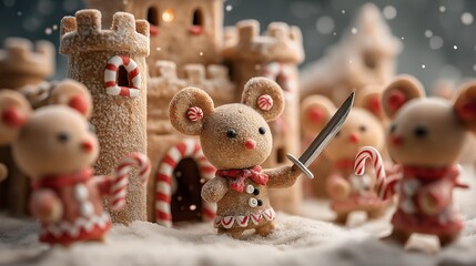A gingerbread mouse candy castle sugar snow candy cane holiday winter cute festive sweet cookie brave scene with gingerbread mouse knight holding sword near candy castle as snowfall drifts gently