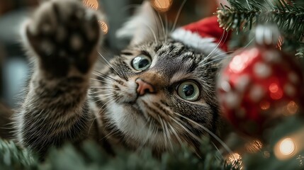 A curious tabby cat christmas hat holiday ornament evergreen branch warm bokeh lights festive sparkle soft fur whisker detail cozy home playful paw. curious tabby cat christmas hat reaching