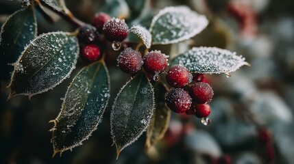 A frosted holly red berry winter foliage icy leaf morning frost nature macro cold season holiday mood evergreen shrub seasonal plant glow with delicate frost, crisp air, serene calm, subtle sparkle