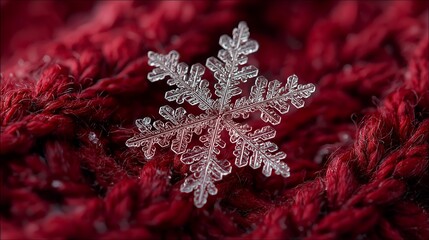 A delicate snowflake macro winter red knitted wool texture closeup crystal frosty wonder holiday seasonal cold pattern detail icy flake nature festive cozy background soft ornament sparkle micro