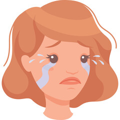Sad Woman Crying Tears Face Expressing Sadness Emotion with Wavy Brown Hair and Fair Skin Detailed Illustration on Transparent Background