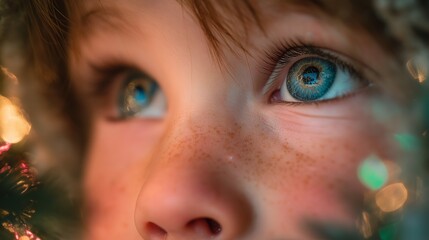A cozy winter child portrait blue eye freckle soft light holiday glow closeup warm tone dreamy mood bokeh gentle focus capture tender wonder near festive tree during christmas season and peaceful