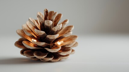 A pine cone with a lit candle inside of it. The candle is glowing and the pine cone is brown