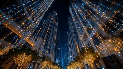 A city skyline night skyscraper lights festive urban architecture street trees blue gold