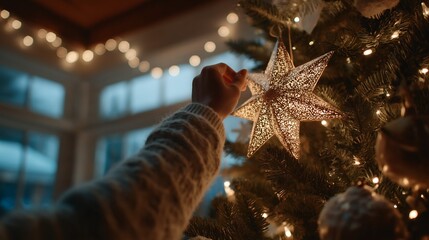 A cozy warm festive christmas tree lights star ornament holiday winter glow fills living room as hand hangs glitter star on pine tree soft bokeh twinkle creates peaceful cheer