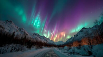 A beautiful night sky with a purple and green aurora. The sky is filled with many lights and the mountains are in the background