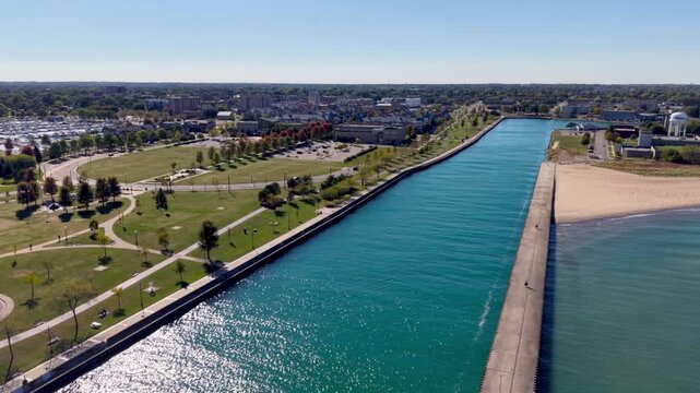 the north pier lighthouse aerial kenosha wisconsin