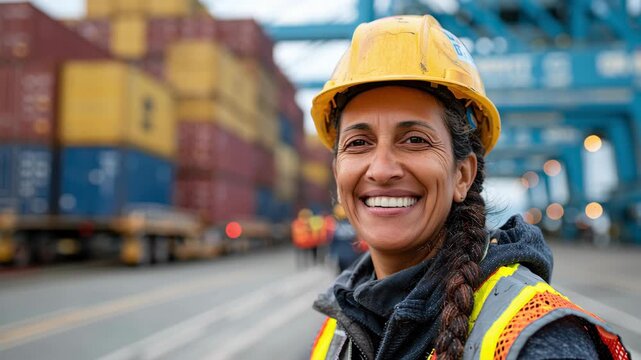 A smiling dock worker is seen in focus in a container port, wearing a hard hat and safety vest. Other dock workers are visible in the background.