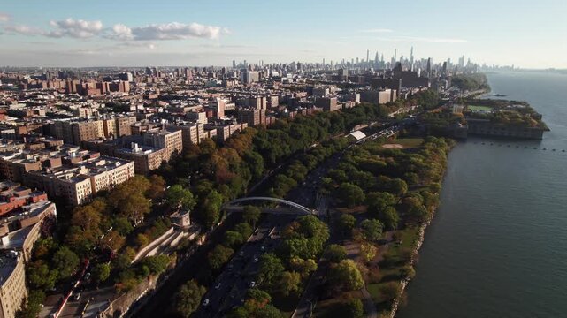 Gorgeous aerial of NYC from Harlem, Riverside Drive and Hudson River, 4K