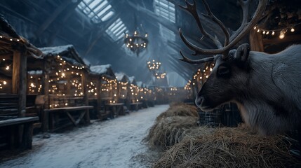A snowy market reindeer winter rustic festive lights wooden stall straw nordic village holiday chandelier glow create cozy scene with gentle magic in covered alley lined with twinkling booths