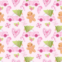 Cute Christmas Seamless Pattern with Pink Car, Gingerbread Man, and Candy - Holiday Background