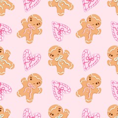 Pink Gingerbread Candy Canes Seamless Pattern - Cute Christmas Cookies Hearts Holiday Digital Paper Background Festive Design