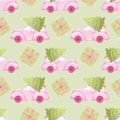 Cute Pastel Pink and Green Christmas Seamless Pattern with Santa and Car