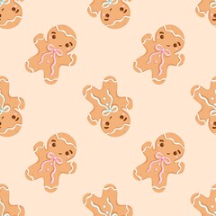Cute Gingerbread Man Seamless Pattern | Kawaii Christmas Cookie Background