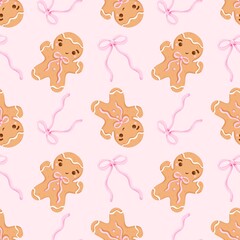 Sweet Gingerbread Man Seamless Pattern with Pink Ribbons.