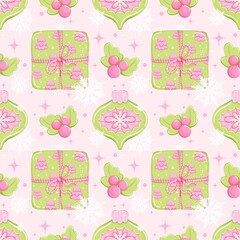 Pink Green Christmas  Seamless Pattern - Cute Gifts Ornaments Holly Berries Holiday Digital Paper Background Festive Design