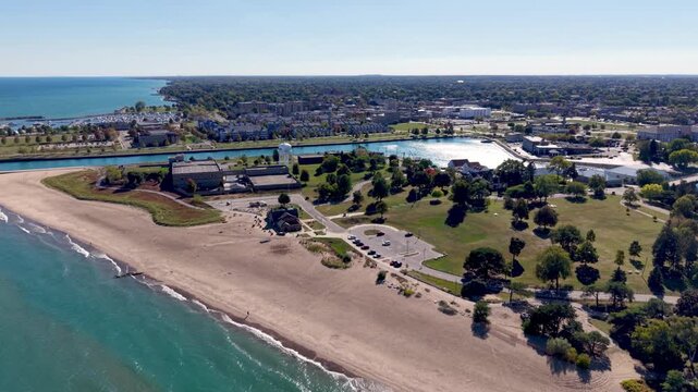 aerial rise up from beach in kenosha wisconsin