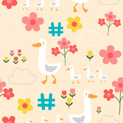 seamless  duck family pattern  with flowers  , clouds and fences  , vector , illustration