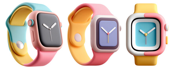 Set of Three 3d Rendered Pastel Smartwatches with Analog Displays