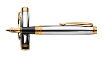 Disassembled luxury fountain pen with gold and silver details, featuring an intricate nib and elegant cap on a dark background.