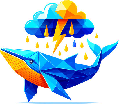 geometric blue whale under a lightning cloud for dtf print
