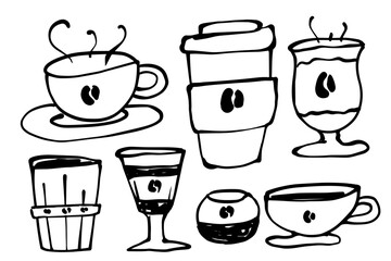 A set of doodles of various cups and coffee mugs. Vector graphics.