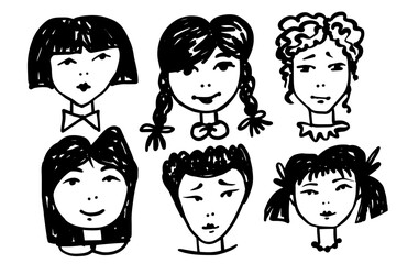 A set of simple children's doodles of various portraits of people. Vector graphics.
