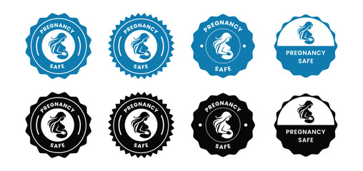 Set of round vector stamps and circle badges for pregnancy-safe products, approved for pregnant women, maternity friendly, mom-to-be care, cosmetic and food packaging labels, organic natural ingredien