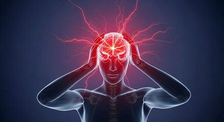 Person with headache and brain inflammation, pain, stress, migraine, and neurological problem