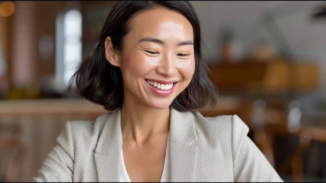 Smiling Asian businesswoman in a beige blazer shaking hands with a colleague across a desk in a modern office setting, plants and laptop in the background.