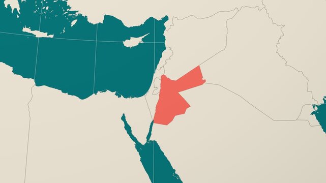 Jordan map. Animated zoom into the country on the Globe in Teal Pale Mint color palette. Country logo animation. Map with meridians, parallels. Alive video.