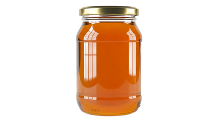 Clear Glass Jar with Golden Lid Filled with Natural Amber Honey, Isolated on Black Background
