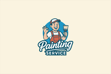A cheerful painter wearing red overalls and a white cap holding a paintbrush and making an OK hand gesture, representing a professional painting service. ideal for branding, construction.