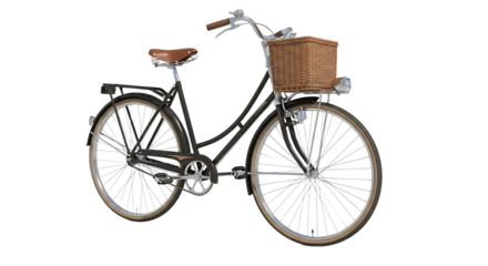 Vintage City Bicycle with Wicker Basket and Brown Leather Saddle. Classic retro bike for urban commuting and leisure.
